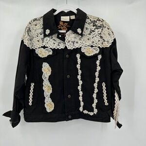 Vintage Womens Upcycled Black Denim Jacket Sz S Lace Beaded Western Gothic Artsy